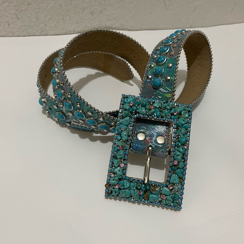 b.b. Simon Swarovski Rhinestone Embellished Blue Leather Belt With Studs L